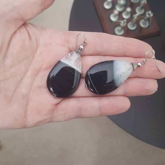 LARGE STUNNING STONE AND STERLING SILVER EARRINGS - Picture 1 of 3